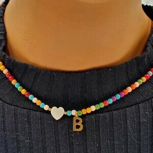 Multicolor Beaded Gold Tone Initial Cute Necklace
